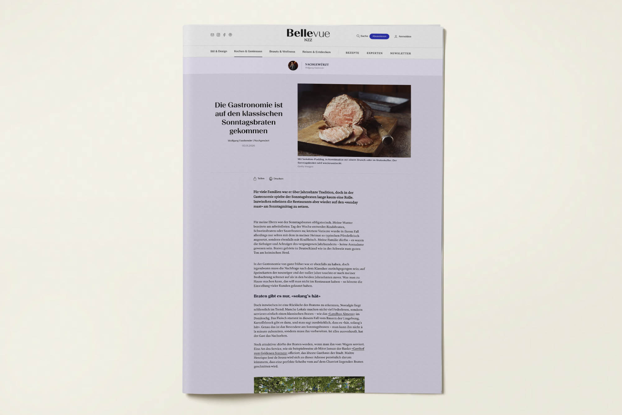 NZZ Bellevue, 2. Januar 2026 · „Die Gastronomie ist auf den klassischen Sonntagsbraten gekommen“ von Wolfgang Fassbender