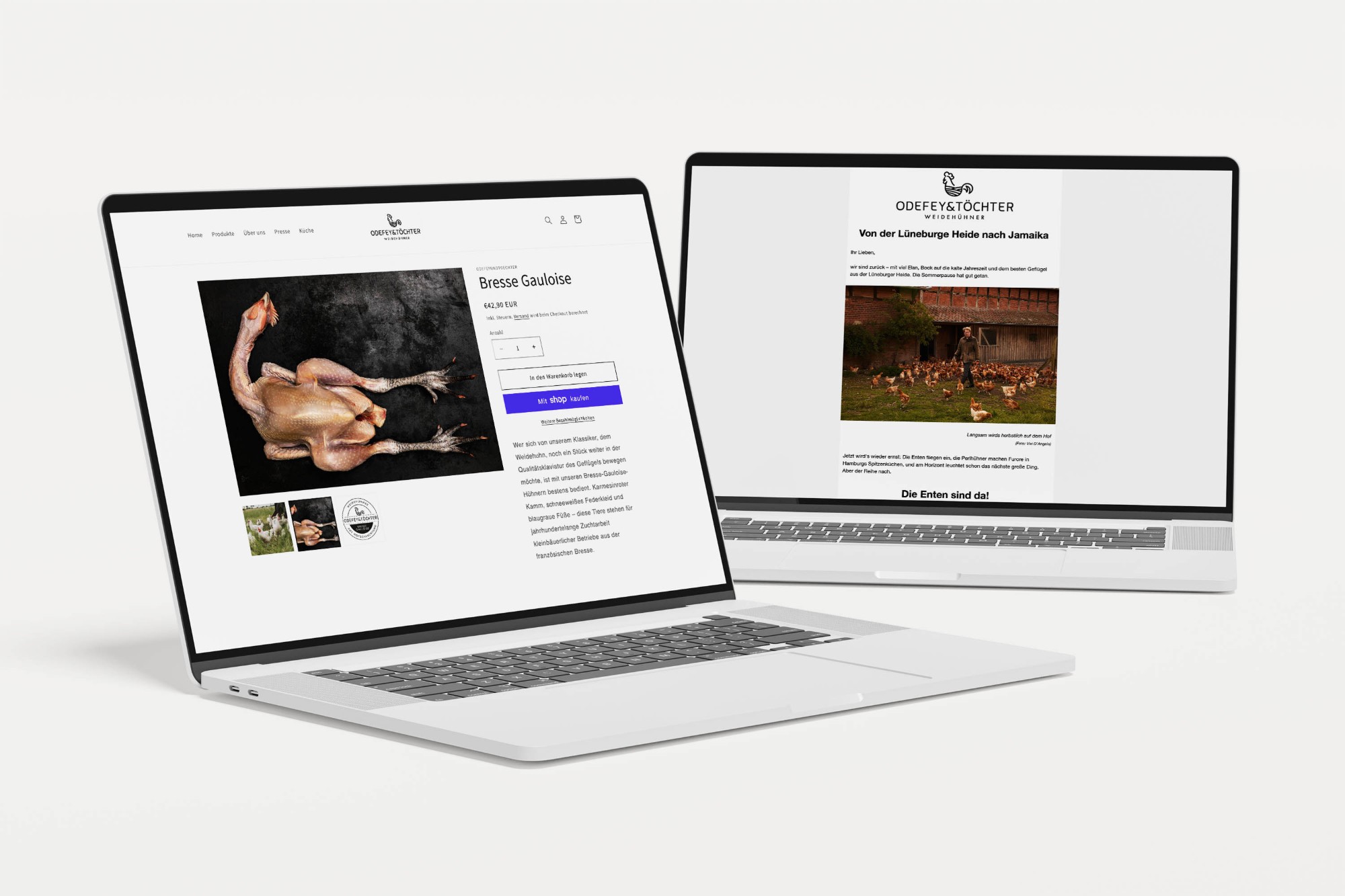 Shop von Odefey & Töchter auf zwei Laptops: Produktseite Bresse Gauloise und Newsletter
