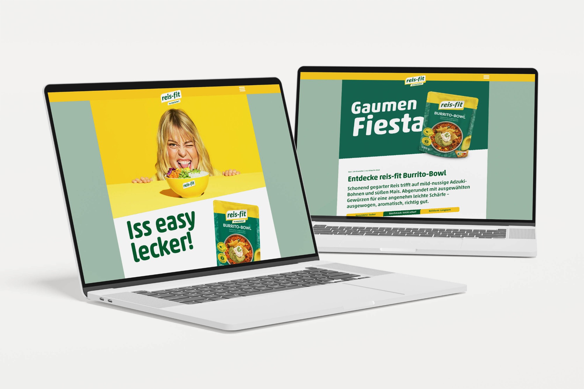 reis-fit.de auf zwei Laptops: Startseite „Iss easy lecker!“ und Produktseite Burrito-Bowl