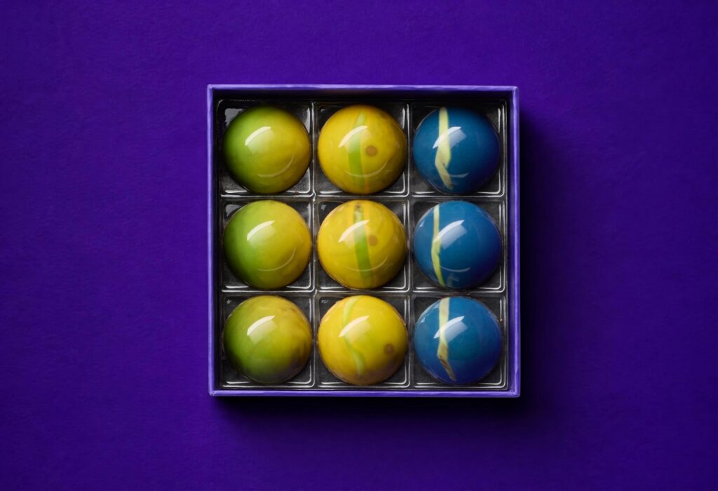 Pralinen von Léonie Corentin Chocolatier in einer violetten Schachtel