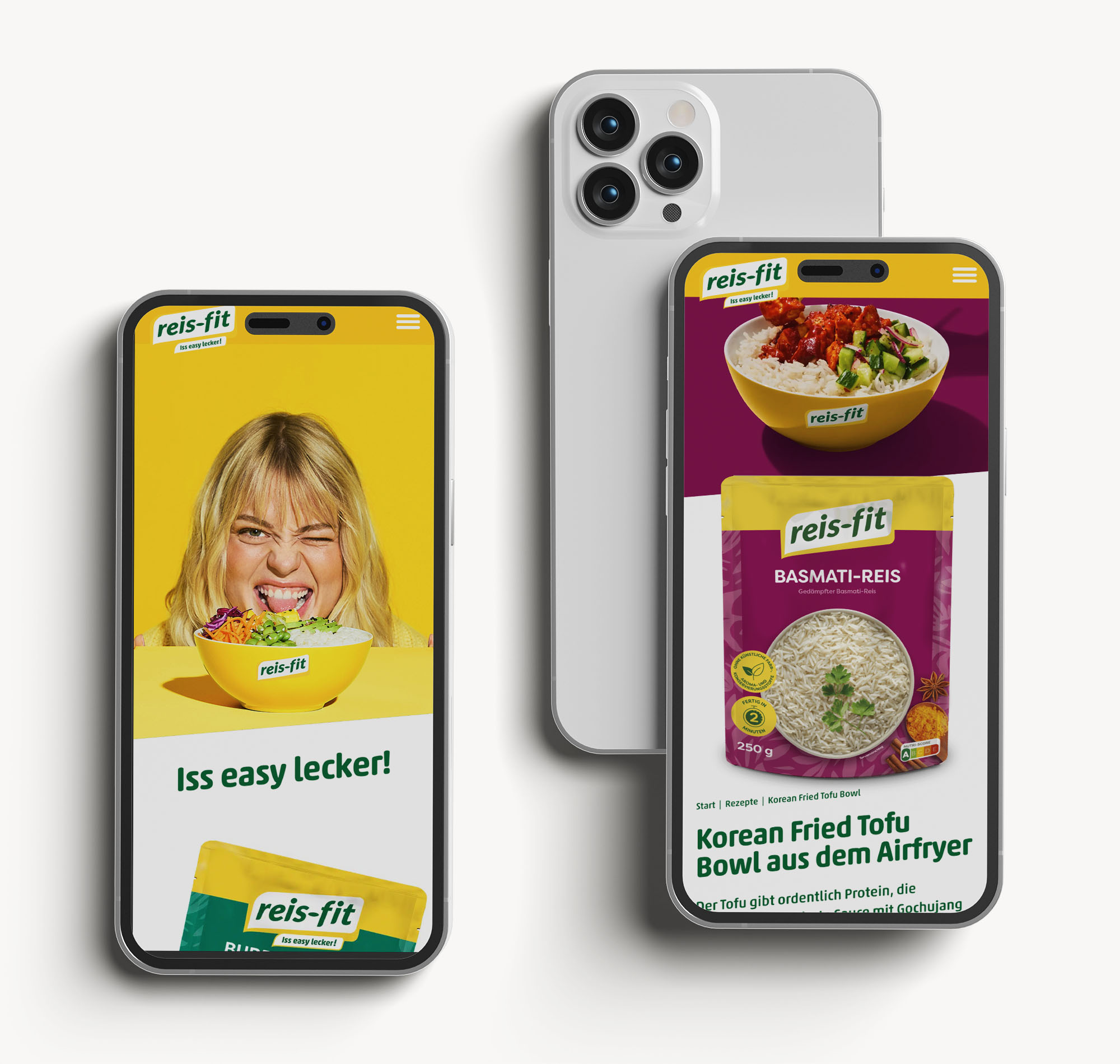 reis-fit.de auf zwei Smartphones: Startseite „Iss easy lecker!“ und Rezept Korean Fried Tofu Bowl