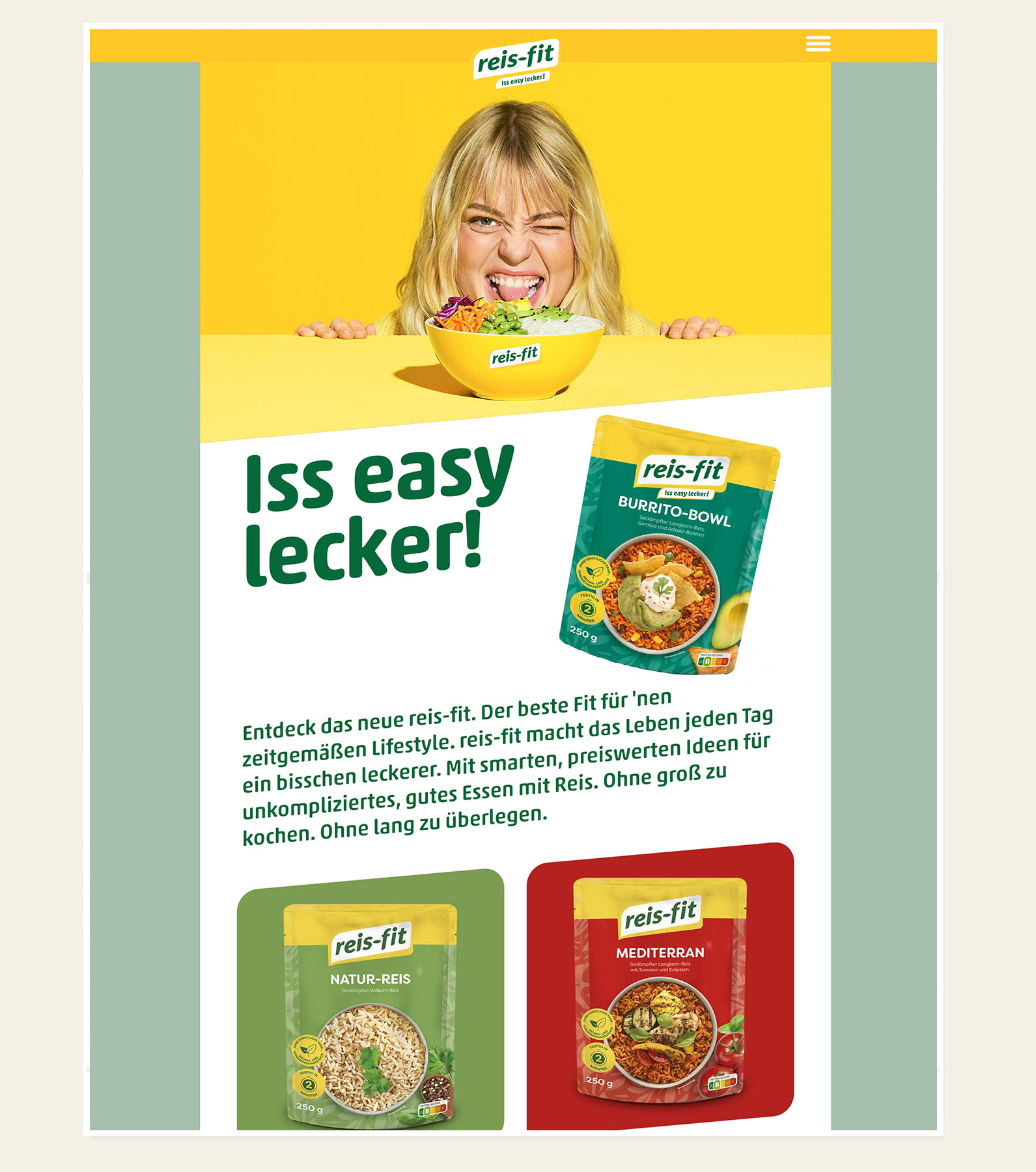 reis-fit.de: Startseite „Iss easy lecker!“ mit Produktübersicht