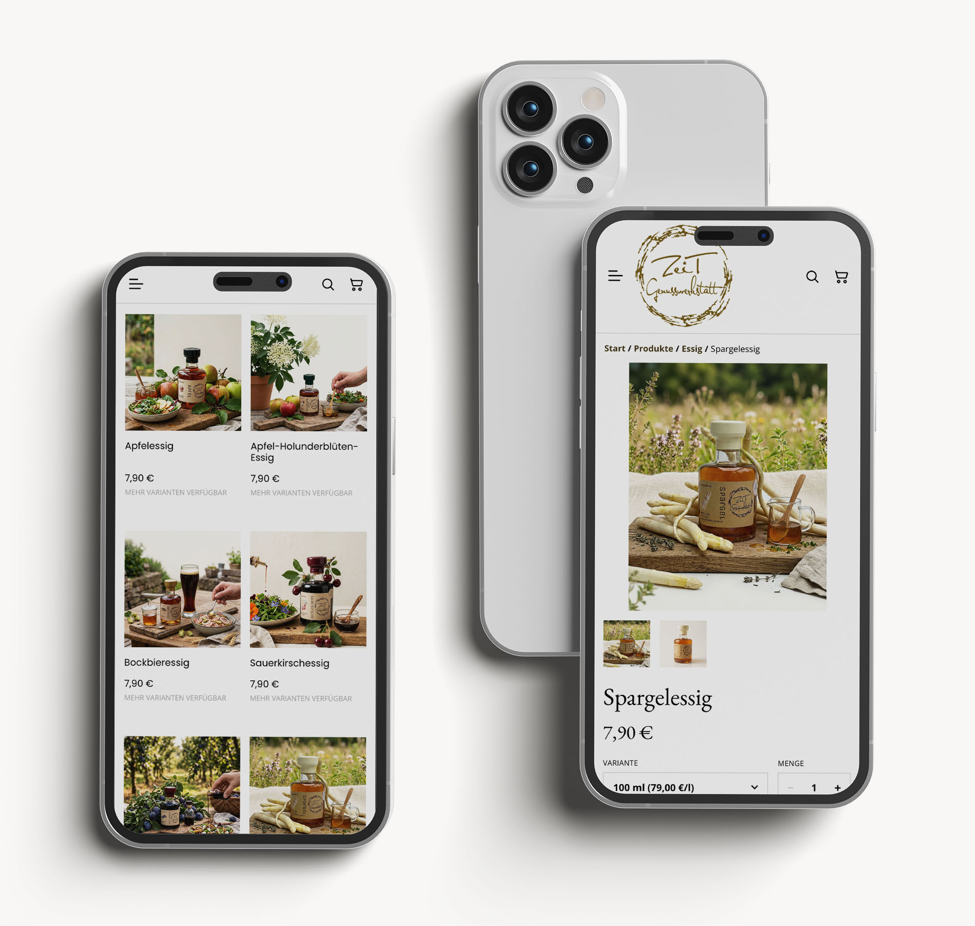 Onlineshop essigwerkstatt.de auf zwei Smartphones: Produktübersicht und Spargelessig
