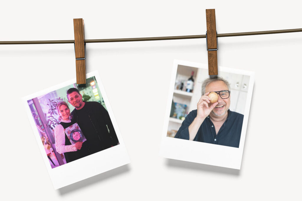 Zwei Polaroids an einer Wäscheleine: eine Buchpremiere und ein Porträt